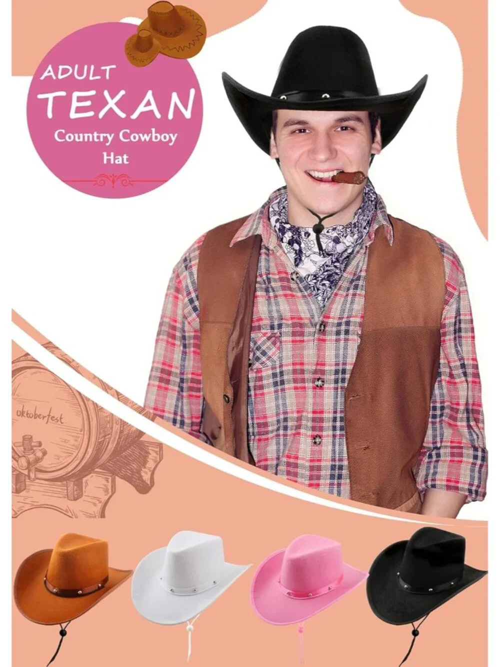 Men's brown pink Felt Western Adult Dress up Costume Cowboy Hat 4 Pack